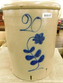 20 Gallon Red Wing Lily Pattern Cobalt Decorated Crock -no chips or cracks 22.5" tall x 18" diameter