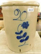 20 Gallon Red Wing Lily Pattern Cobalt Decorated Crock -no chips or cracks 22.5" tall x 18" diameter