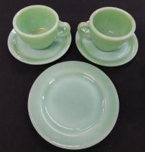 Fire King Jadeite Restaurant Ware - Box Lot with 2 Coffee Cups and Saucers - 1-6.75" Plate