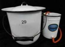 Vintage Enameled Chamber Pot 10" x 10.5" - Jones Hospital Irrigator 7.5" x 5.5"