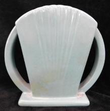 Vintage Unmarked Pottery - Green Glaze Double Handled Fan Vase - 7.5" x 8" x 2.75"