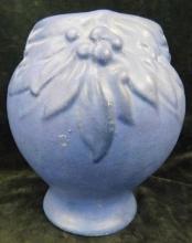 Vintage Unmarked Pottery - Blue Glaze Floral Design Vase - 7" x 6"