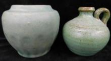 Pair of Unmarked Green Glaze Pottery Pieces - 4" x 4.25" - 3.75" x 3.5"