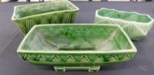 Group of 2 Unmarked 1 Marked McCoy Green Glaze Planters - 4" x 8.5" x 5" - 3.5" x 9.5" x 4.5"
