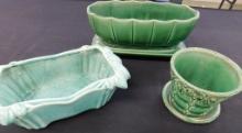 Group of 1 Unmarked 2 Marked McCoy Green Glaze Planters - 4.5" x 9.5" x 4.5" - 3" x 9" x 5"