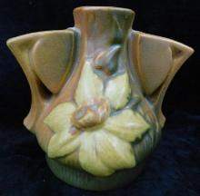 Roseville Pottery Flower Frog Vase - Clematis - Orange/Gold - #50 - 4.5" x 4.5" x 4"