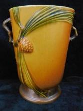 Unsigned Roseville Pottery Double Handled Vase - Pine Cone - 7" x 6.5" x 5"