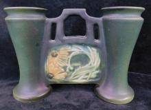 Unsigned Roseville Pottery Double Vase - Rosecraft Panel - 5.25" x 7.5" x 2.25"