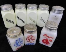 Group of 8 Milk Glass Labeled Spice Shakers -5" - 4" and 3.25" Tall