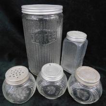 Group of 5 Spice and Coffee Clear Glass Storage Containers - 7.75" - 5" and 3" Tall