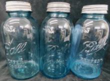 3 Blue Ball "Perfect Mason" Canning Jars with Lids - 9.5" Tall - #1 - #4 - #8