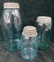 3 Blue Ball "Mason Patent Nov 30th 1858" Canning Jars with lids - 9.5" - 7" and 5.5" Tall
