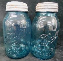 2 Blue Ball Offset "Perfect Mason" Canning Jars with Lids - Each 7.25' Tall - #7 - #9