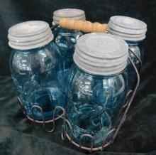 4 Blue Ball "Perfect Mason" Canning Jars with Lids and Rack - Each 7" Tall