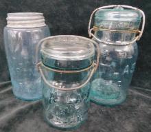 3 Atlas Masons Blue Glass Canning Jars with Lids - 7.5" - 7" and 5.5" Tall