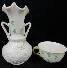 Lot of 2 Pieces of Belleek Bone China - Shamrock - Larger Pitcher - Cup - 7" and 2" Tall