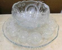 Vintage Pressed Glass Punch Bowl with 22" Matching Underliner - 12 Cups - All Matching