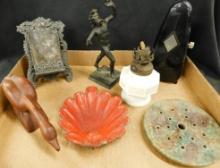 German Tactell Metronome - Pottery Flower Frog - Carved Wood Goose - Milk Glass Oil Lamp