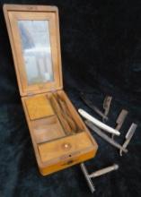 Vintage Shaving Box with Tilt Out Mirror - 3 Straight Razors - 1 Newer - 2.5" x 5.5' x 9.5"