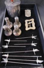 Tray Lot - Silver Plate Misc. Items - Goose Skewers - Hinged Container - S&P Shakers