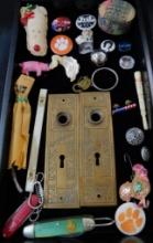 Tray Lot - Buttons - Knives - Brass Door Plate Set