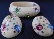 Vintage Costume Jewelry - Celluloid and Rhinestone Bracelet and Matching Earrings