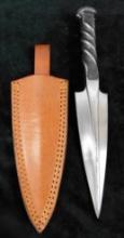 Unmarked Twisted Wrought Iron Dagger with Leather Sheath - 10.25" Long