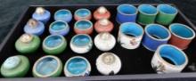 Tray Lot with 8 Pairs of Cloisonne Salt Cellars and Pepper Shakers - 7 Napkin Rings