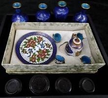 Tray Lot with 4 Mini Cloisonne Vase - Boxed Mini Cloisonne Dolls Tea Set