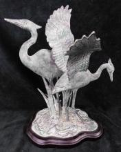 Modern Metal Heron/Egret/Crane Sculpture on a Wood Base - 12" x 10" x 10"