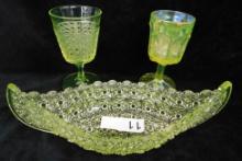 Vaseline / Uranium Glass Canoe Dish 3.5" x 12" x 3.5" and 2 Goblets
