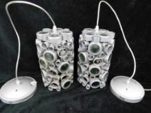 Pair of Modern Metal and Glass Hanging Pendant Lights - Circles - Each 10.5" x 6"