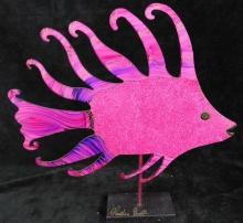 Signed and Hand Painted Metal Cut Out Art - Fish - 12.5" x 12" x 2.5"