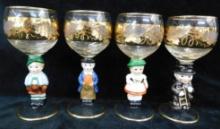 Group of 4 Rhine Wine Glasses - Figural Porcelain Base - Western Germany - Gold
