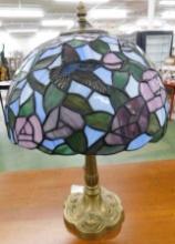 Modern Stained Glass Table Lamp - Hummingbird and Flowers - 18" x 11.75"
