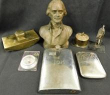Lot with Blotter Metal Advertising Bank - Hand Warmer - Flask - Compass - Postal Scale