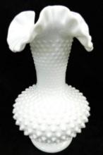 Vintage Fenton Milk Glass Hobnail Vase with Ruffled Lip - 11" x 6.5"