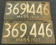1923 Matching Pair of Massachusetts License Plates - Each 6.5" x 14.5"