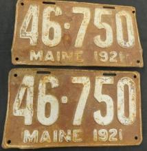 1921 Matching Pair of Maine License Plates - Each 6" x 11"