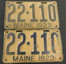 1923 Matching Pair of Maine License Plates - Each 6" x 11"