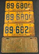 Group of 4 Vintage License Plates - 3-1935 Georgia(1 Set Plus} - 1- 1933 New York