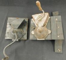 2 Vintage Wall Hung Coffee Mills - 1 Marked Parker #60 - 13" x 9" x 9" - 7" x 6.5" x 5.5"