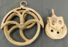 2 Vintage All Metal Pulleys - 13.5" x 11.5" and 8.25" x 5"