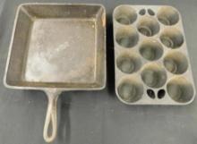 Vintage Cast Iron Muffin Pan 1.5" x 11" x 7.75" - Cast Iron Square Pan 2" x 14.25" x 9.75"