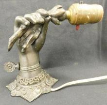 Vintage Heavy Cast Metal Table Nightstand Lamp - Hand Holding Branch - 6" x 6.5" x 3.5"