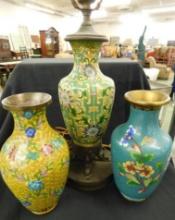 Pair of Vintage Cloisonne Vases and a Cloisonne Vase Lamp - All Have Damage