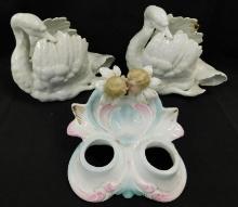 Pair of Western Germany Porcelain Swans - Porcelain Inkwell Base