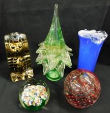 Box Lot of Modern Art Glass Pieces - 3 Paperweights - Tree - Vase - 2.5" to 8.5" Tall