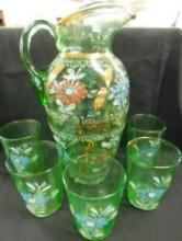 Green Depression Glass Hand Painted Iced Tea Set - Pitcher and 5 Glasses - Daisy