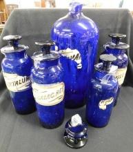 Group of 5 Cobalt Blue Chemical Bottles 3-8" - 1-7" - 1 Broken 13"